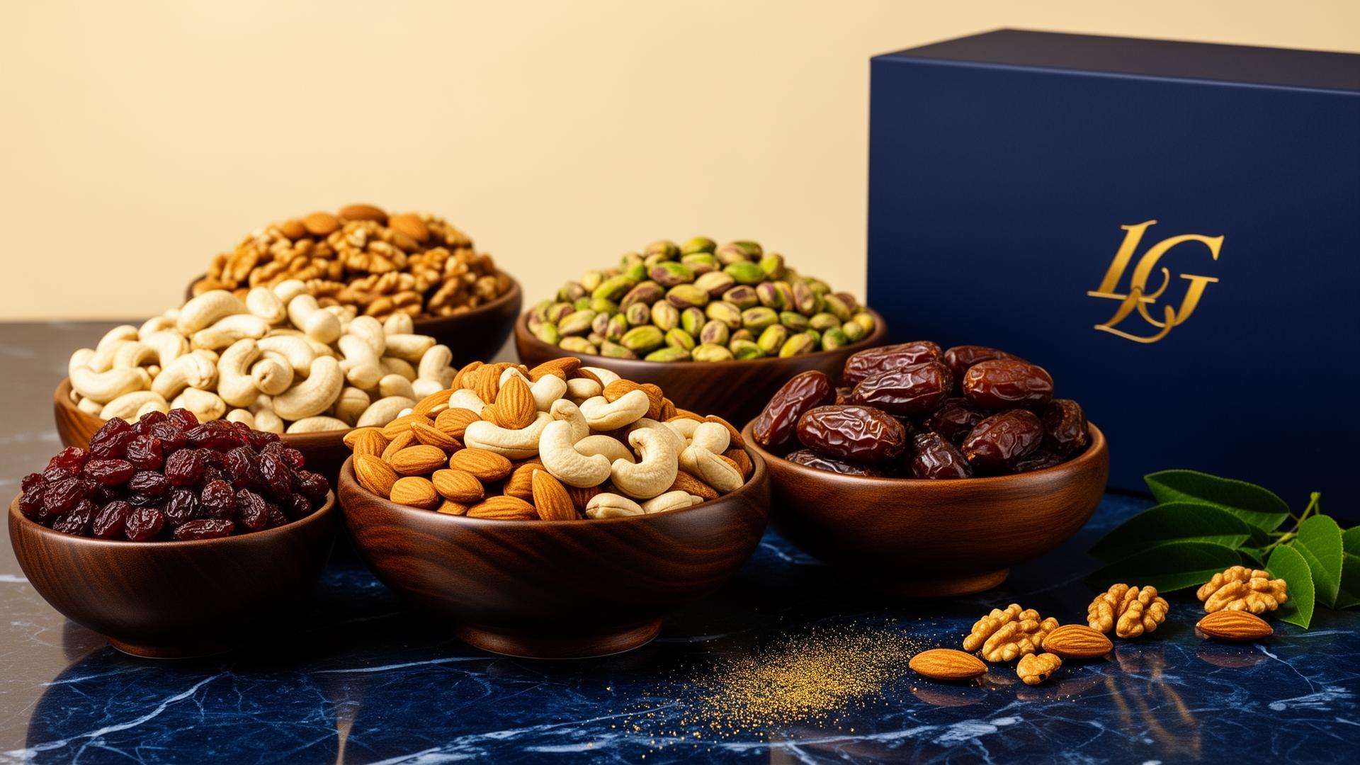 Premium dry fruits in wooden bowls with luxury gift box